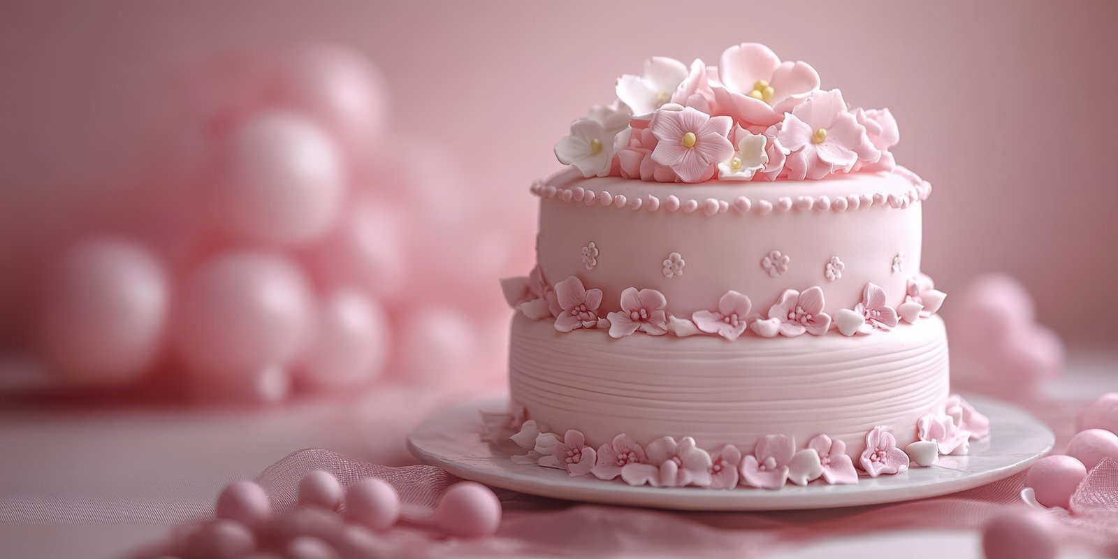 Elegant pink cake adorned with flowers, perfect for celebrations and special occasions